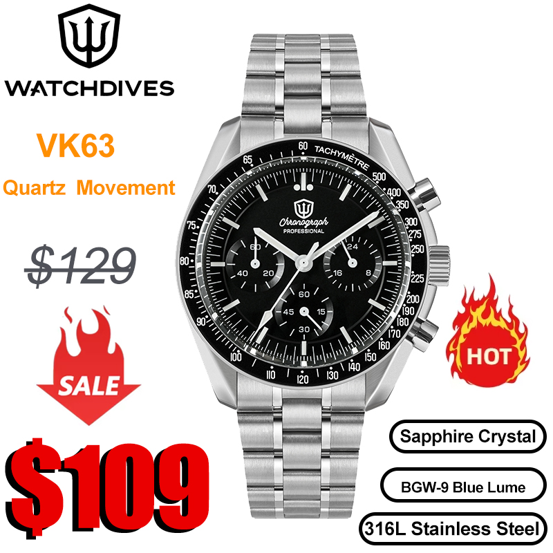 Vintage Watch Crystal - Watchdives WD1860 Quartz Watch VK63 Chronograph