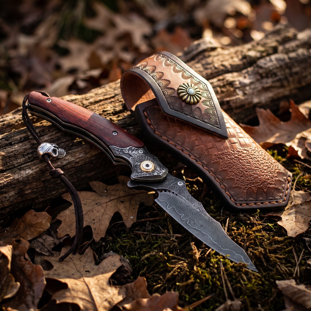 Vintage Collectible Pocket Knives - Vintage Engraved Foldable Knife Damascus Pattern